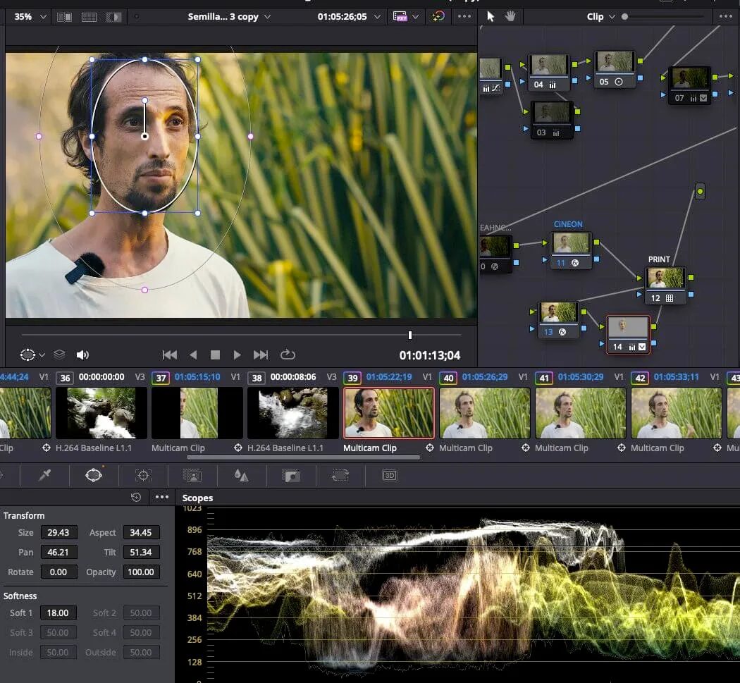 A color grading software interface shows a paused video of a man outdoors for Embodic Films, with facial tracking applied. Various adjustment nodes, timeline clips, video scopes, and settings panels are visible on screen.