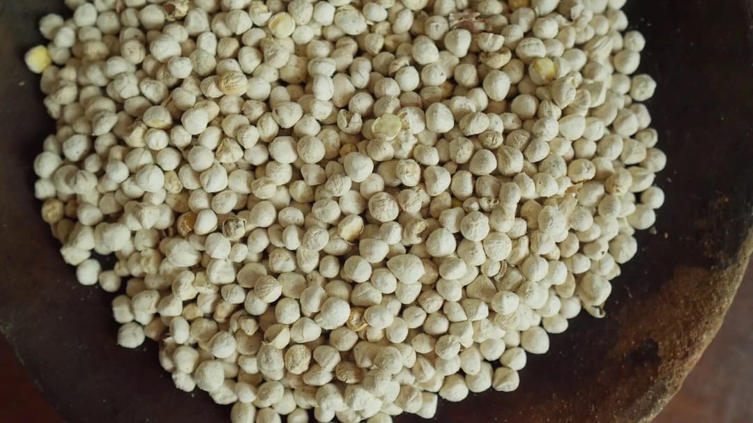 Semillas secas de achiote amontonadas en un cuenco de madera, listas para cocinar.