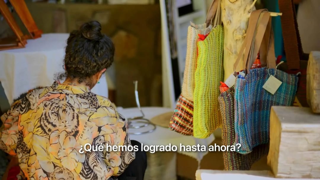 Artesana con bolsos tejidos de colores y el texto "¿Qué hemos logrado hasta ahora?".