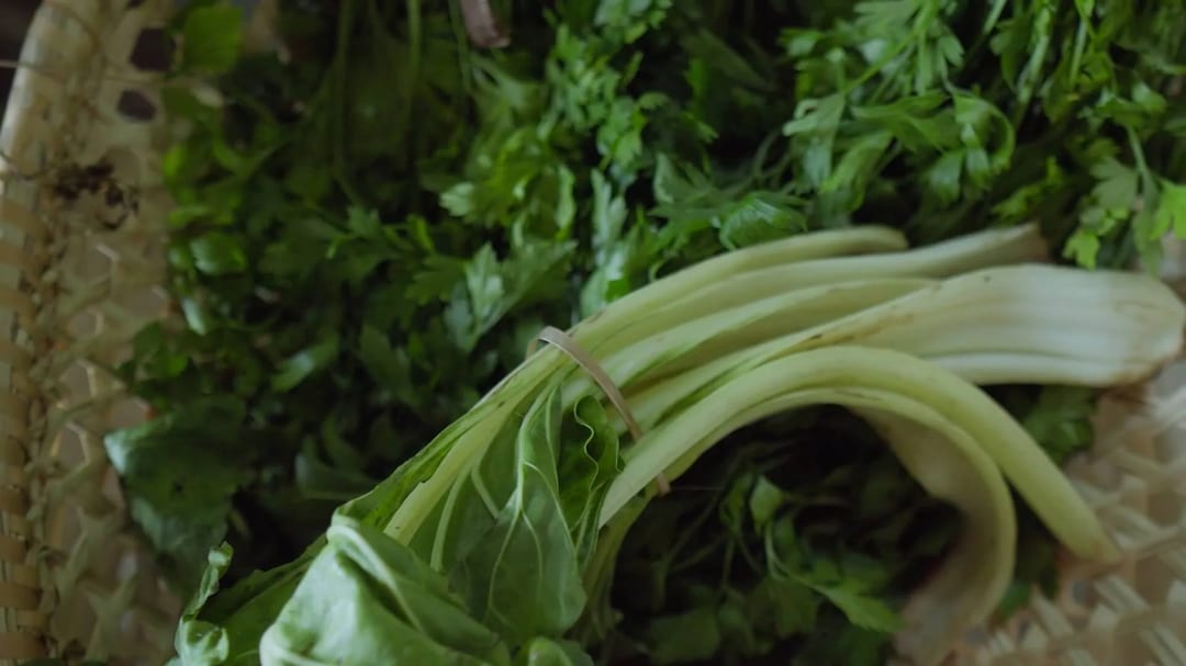 Verduras frescas en una canasta, entre ellas acelga y perejil, listas para una receta de Casa Común.