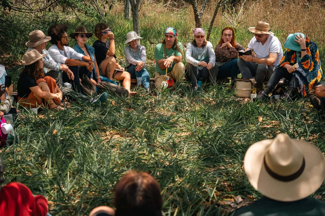 Participants seated in a circle listen to a guide during an outdoor activity.