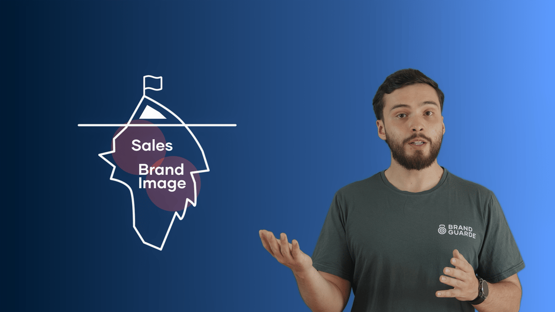 A man stands next to an iceberg diagram labeled "Sales" above water and "Brand Image" below, on a blue gradient background, illustrating Embodic Films’ approach to uncovering the deeper layers of brand storytelling.