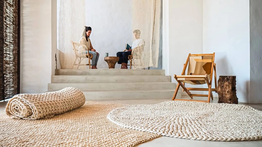 Nodomondo-inspired room with neutral tones, woven rugs, and relaxed seating for two.
