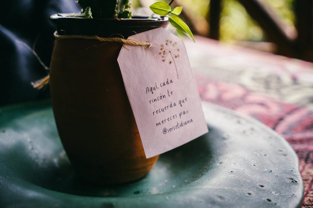 Potted plant with a tag reading "Aquí, cada rincón te merece paz.