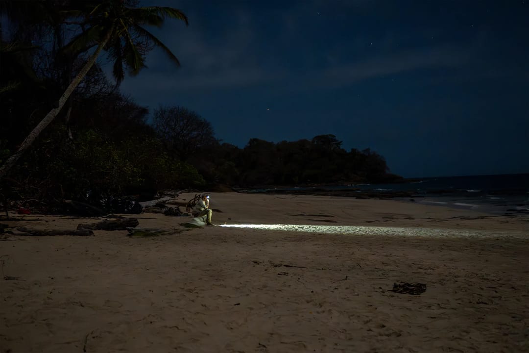 A person on a sandy beach at night shines a flashlight toward the shoreline, with trees and the ocean in the background, capturing an atmospheric scene reminiscent of Embodic Films’ signature style.