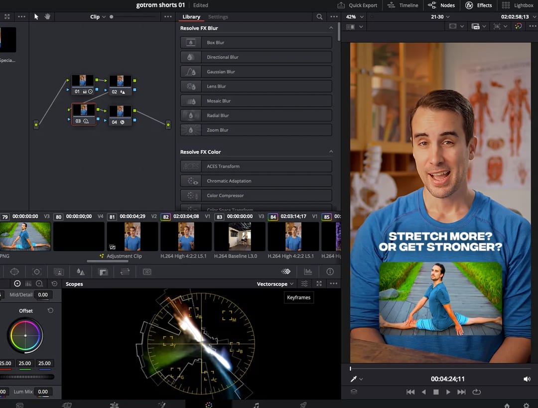 Espacio de edición de video en DaVinci Resolve.